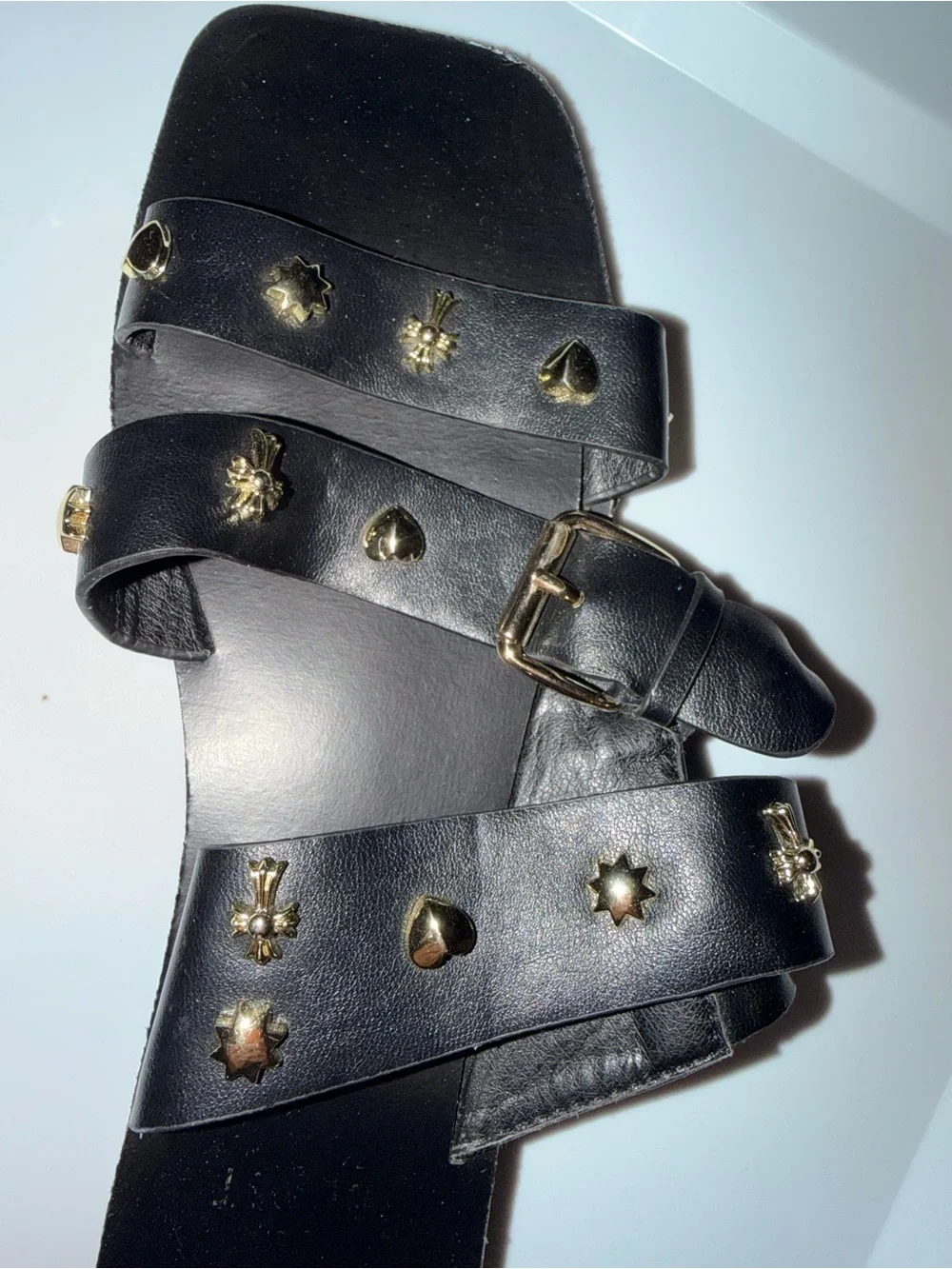 BEAST FASHION Black Slide Sandals with Gold Studs